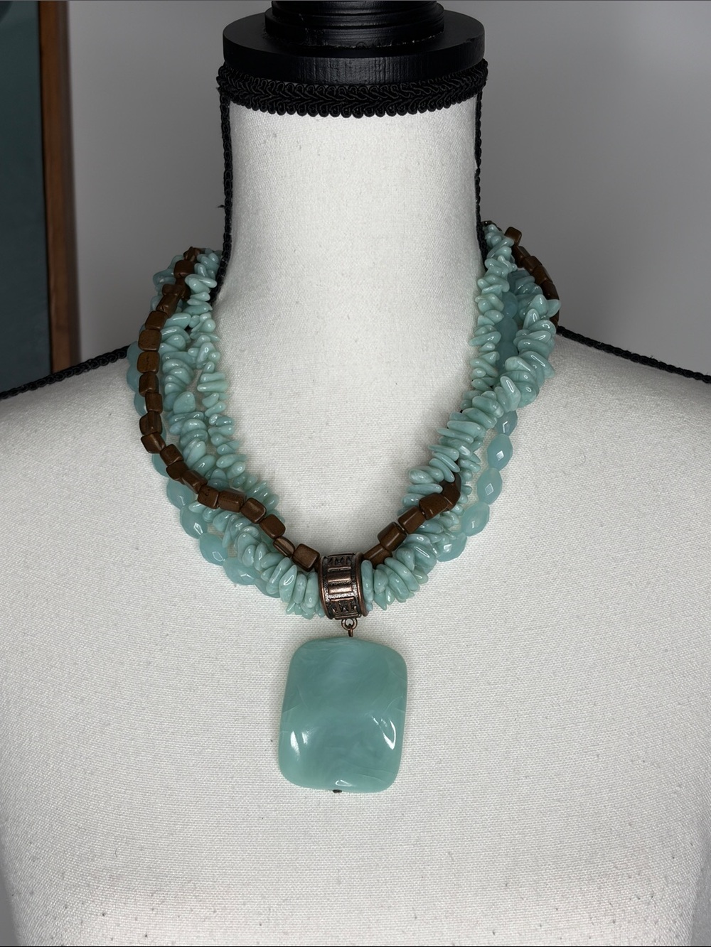 Boho Chunky Multi Strand Statement Necklace Faux Aqua Stone Acrylic